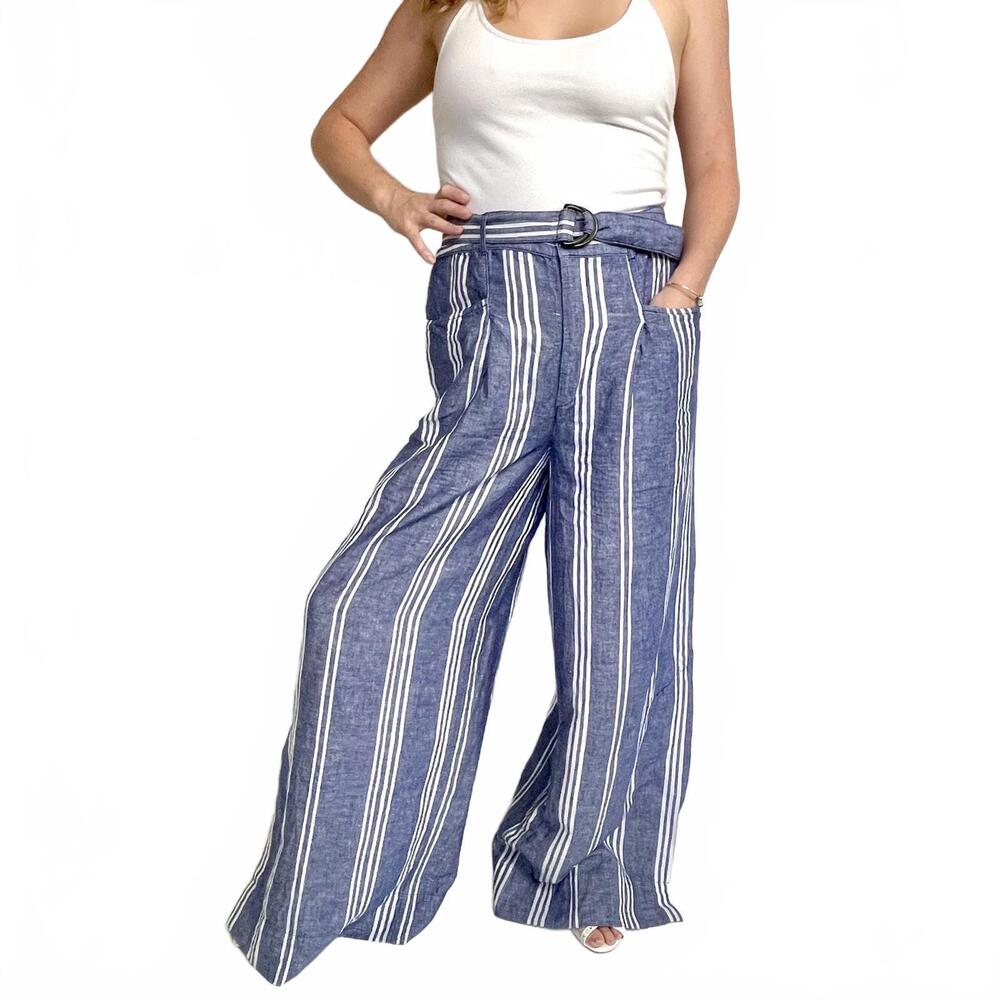 Anthropologie Linen Blend Boho Pants Size 10 Beachy Wide Leg Blue White Stripes